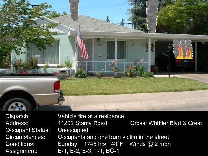 Dispatch: Address: Occupant Status: Circumstances: Conditions: Assignment: Vehicle fire at a residence 11202 Stamy