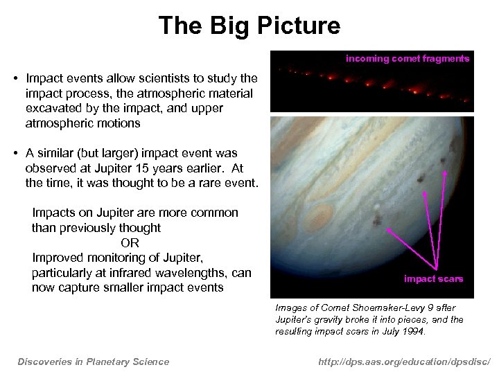 The Big Picture incoming comet fragments • Impact events allow scientists to study the