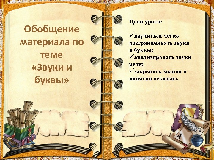 Обобщение материала по теме «Звуки и буквы» Цели урока: üнаучиться четко разграничивать звуки и