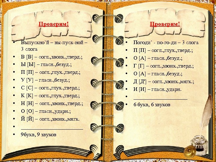 Проверим! • • • Выпускно`й – вы-пуск-ной – 3 слога В [В] – согл.