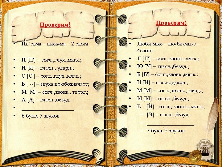 Проверим! • Пи`сьма – пись-ма – 2 слога • • • П [П'] –