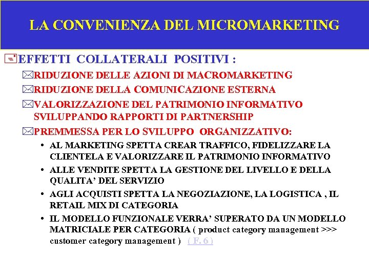 LA CONVENIENZA DEL MICROMARKETING +EFFETTI COLLATERALI POSITIVI : *RIDUZIONE DELLE AZIONI DI MACROMARKETING *RIDUZIONE