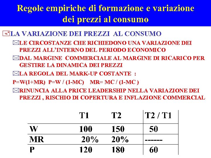 Regole empiriche di formazione e variazione dei prezzi al consumo +LA VARIAZIONE DEI PREZZI