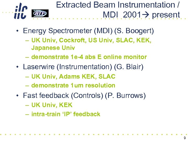 Extracted Beam Instrumentation / MDI 2001 present • Energy Spectrometer (MDI) (S. Boogert) –