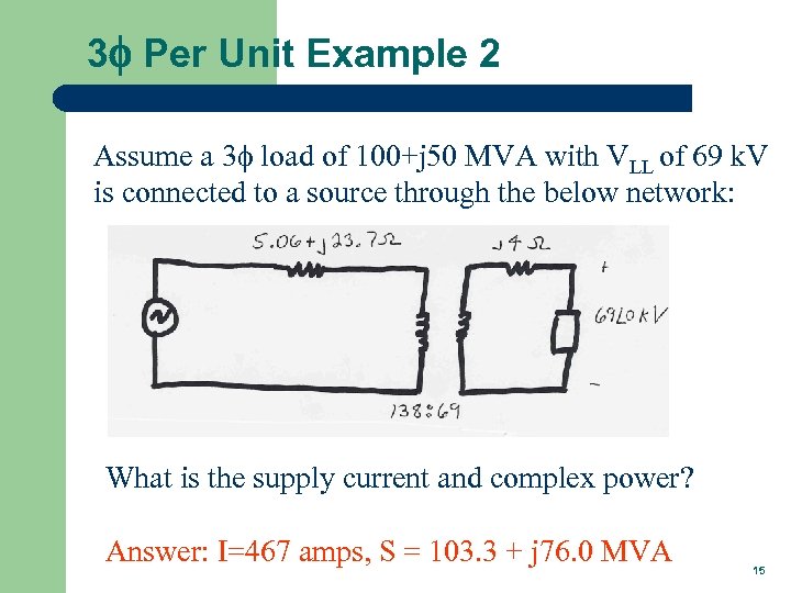 3 f Per Unit Example 2 Assume a 3 f load of 100+j 50