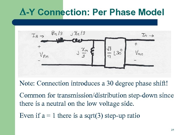 D-Y Connection: Per Phase Model Note: Connection introduces a 30 degree phase shift! Common