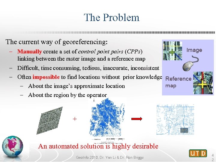 The Problem The current way of georeferencing: – Manually create a set of control