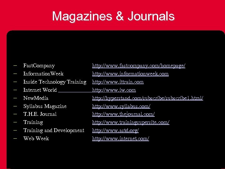 Magazines & Journals – – – – – Fast. Company Information. Week Inside Technology