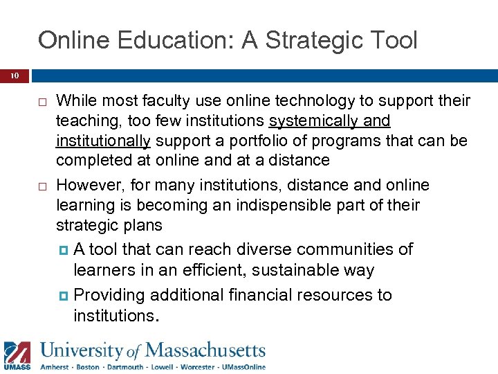Online Education: A Strategic Tool 10 While most faculty use online technology to support