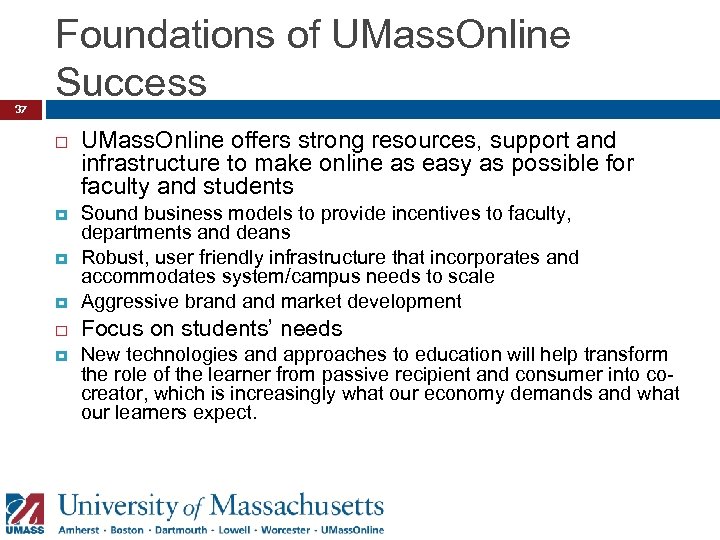 37 Foundations of UMass. Online Success UMass. Online offers strong resources, support and infrastructure