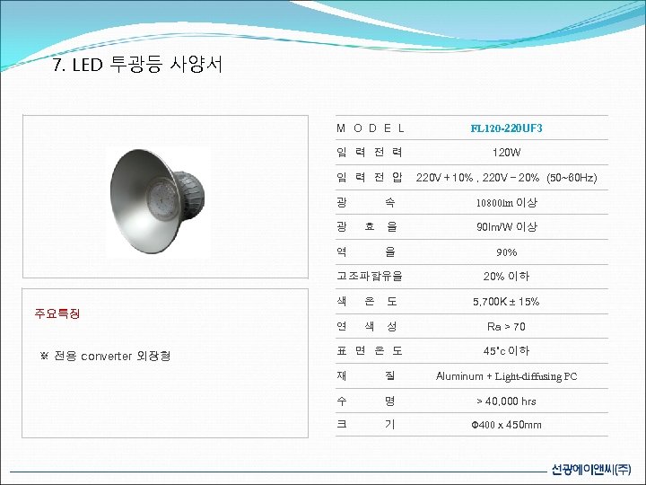 7. LED 투광등 사양서 M O D E L FL 120 -220 UF 3