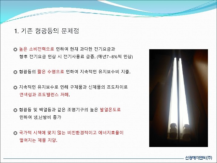 1. 기존 형광등의 문제점 ◎ 높은 소비전력으로 인하여 현재 과다한 전기요금과 향후 전기요금 인상