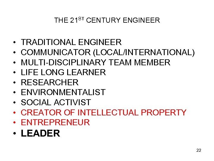 THE 21 ST CENTURY ENGINEER • • • TRADITIONAL ENGINEER COMMUNICATOR (LOCAL/INTERNATIONAL) MULTI-DISCIPLINARY TEAM