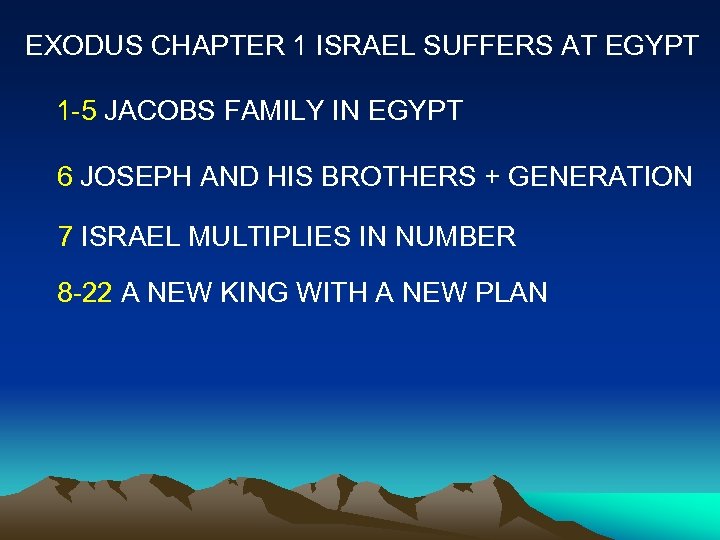 EXODUS CHAPTER 1 ISRAEL SUFFERS AT EGYPT 1 -5 JACOBS FAMILY IN EGYPT 6