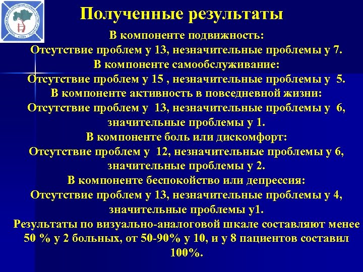 Полученные результаты В компоненте подвижность: Отсутствие проблем у 13, незначительные проблемы у 7. В
