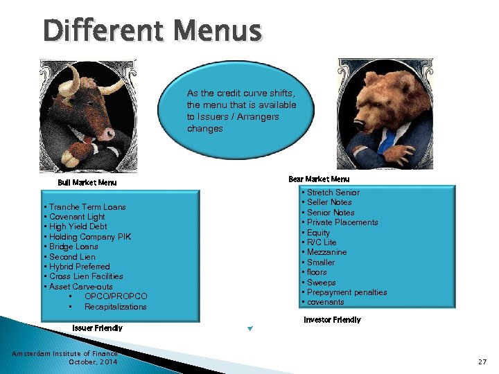 Different Menus As the credit curve shifts, the menu that is available to Issuers