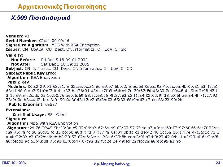 Αρχιτεκτονικές Πιστοποίησης Χ. 509 Πιστοποιητικό Version: v 3 Serial Number: 02: 41: 00: 16