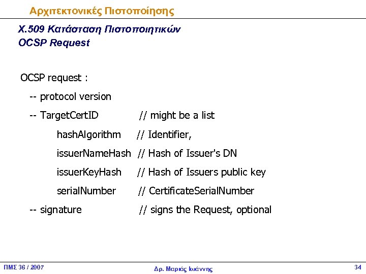 Αρχιτεκτονικές Πιστοποίησης Χ. 509 Κατάσταση Πιστοποιητικών OCSP Request OCSP request : -- protocol version