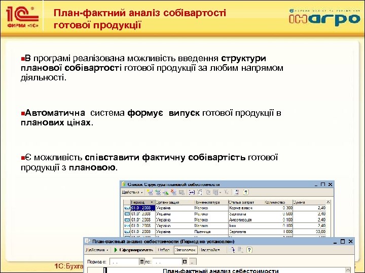 План-фактний аналіз собівартості готової продукції n. В програмі реалізована можливість введення структури планової собівартості