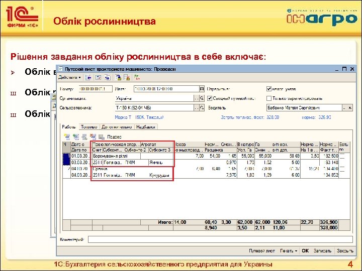 Облік рослинництва Рішення завдання обліку рослинництва в себе включає: Ø Облік виконання Технологічних операцій;