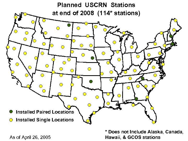 Planned USCRN Stations at end of 2008 (114* stations) Installed Paired Locations Installed Single
