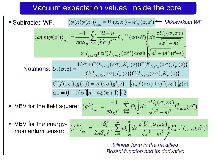 Vacuum expectation values inside the core Subtracted WF: Mikowskian WF Notations: VEV for the