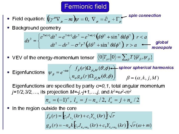 Fermionic field Field equation: spin connection Background geometry global monopole VEV of the energy-momentum