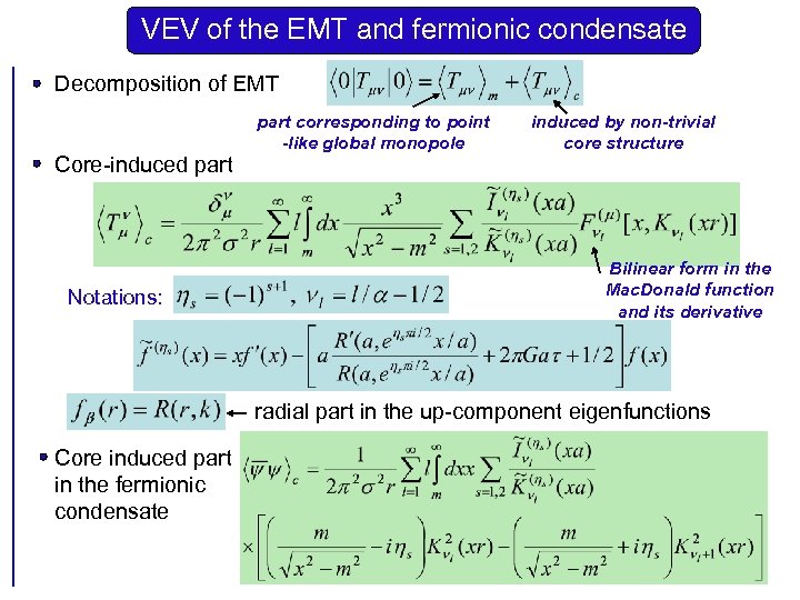 VEV of the EMT and fermionic condensate Decomposition of EMT Core-induced part Notations: part