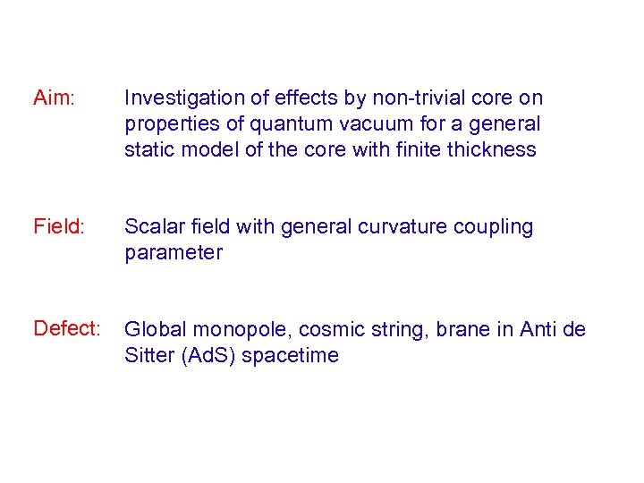 Aim: Investigation of effects by non-trivial core on properties of quantum vacuum for a