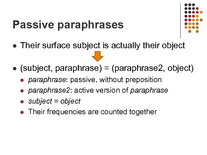 Passive paraphrases l Their surface subject is actually their object l (subject, paraphrase) =