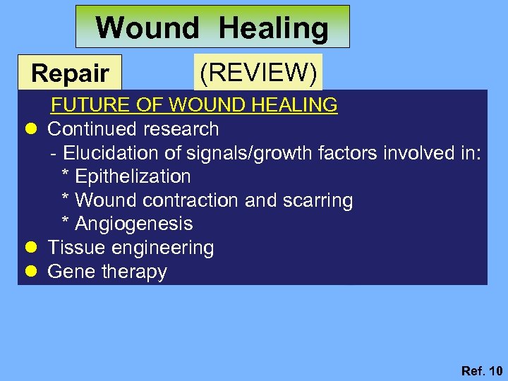 Wound Healing Repair (REVIEW) FUTURE OF WOUND HEALING l Continued research - Elucidation of