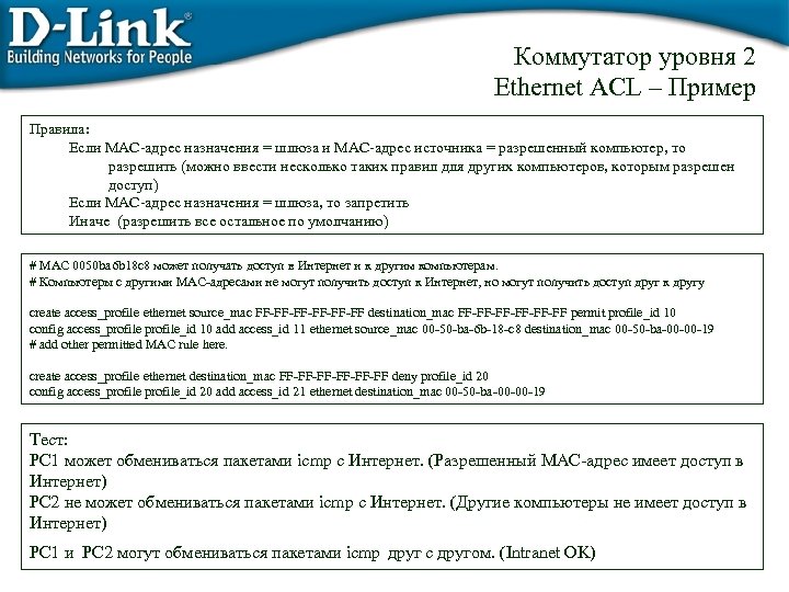 Коммутатор уровня 2 Ethernet ACL – Пример Правила: Если MAC-адрес назначения = шлюза и