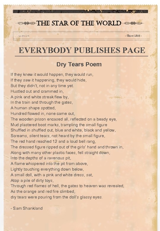 the star of the world - Since 1899 - EVERYBODY PUBLISHES PAGE Dry Tears