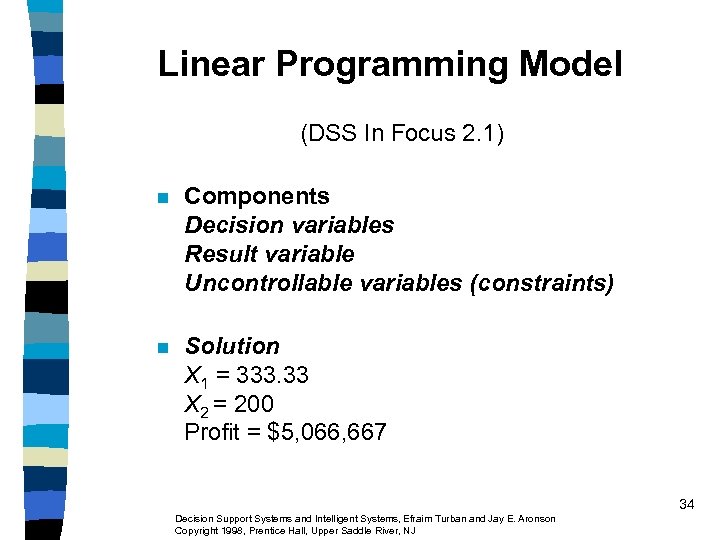 Linear Programming Model (DSS In Focus 2. 1) n Components Decision variables Result variable