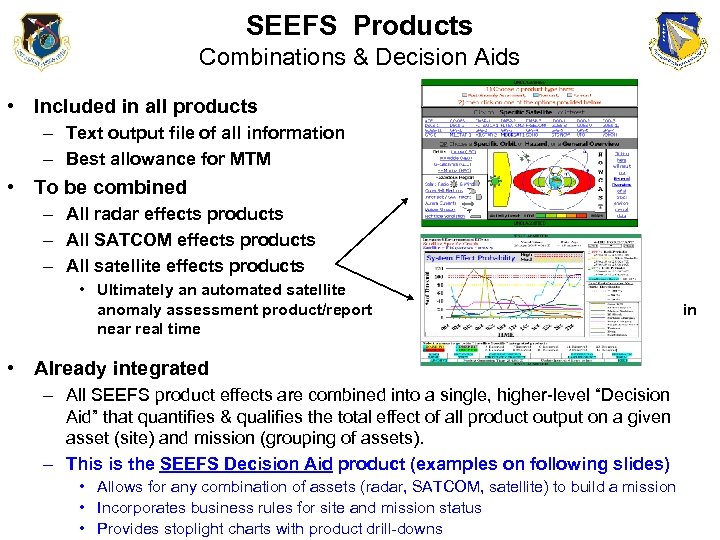 SEEFS Products Combinations & Decision Aids • Included in all products – Text output