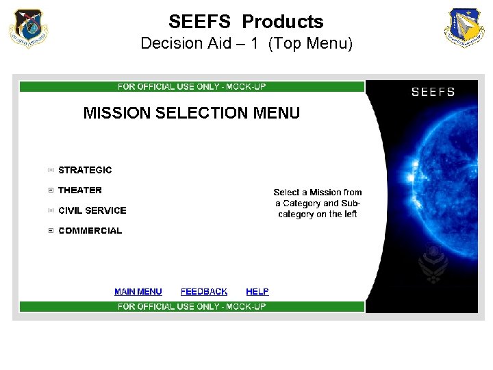 SEEFS Products Decision Aid – 1 (Top Menu) 
