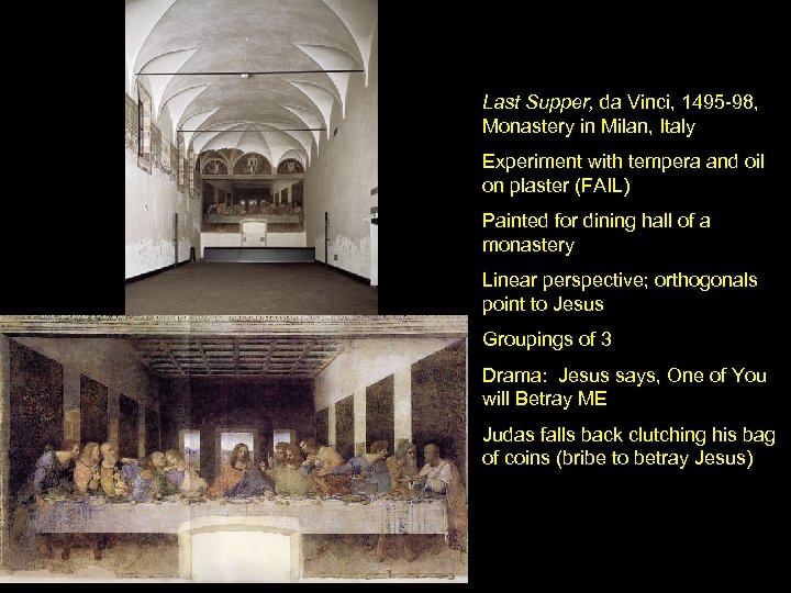 Last Supper, da Vinci, 1495 -98, Monastery in Milan, Italy Experiment with tempera and