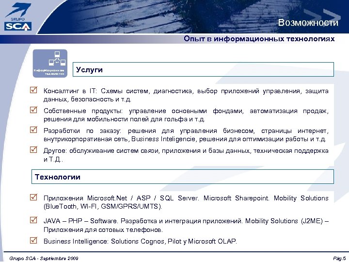 Возможности Опыт в информационных технологиях ` Информационные технологии Услуги R Консалтинг в IT: Схемы