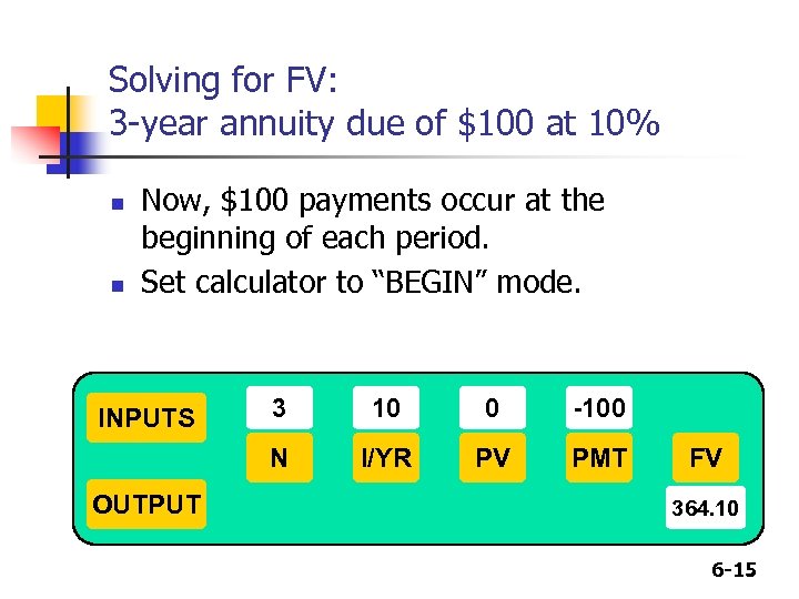 Solving for FV: 3 -year annuity due of $100 at 10% n n Now,