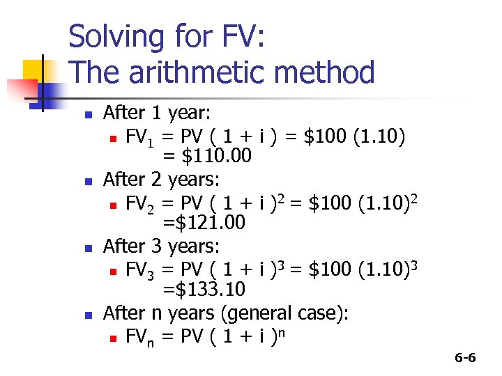 Solving for FV: The arithmetic method n n After 1 year: n FV 1