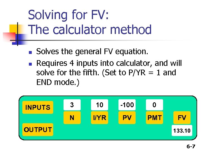Solving for FV: The calculator method n n Solves the general FV equation. Requires