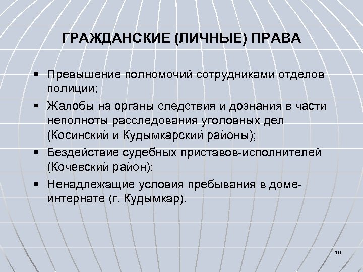 ГРАЖДАНСКИЕ (ЛИЧНЫЕ) ПРАВА § Превышение полномочий сотрудниками отделов полиции; § Жалобы на органы следствия