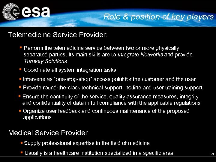 Role & position of key players Telemedicine Service Provider: Perform the telemedicine service between