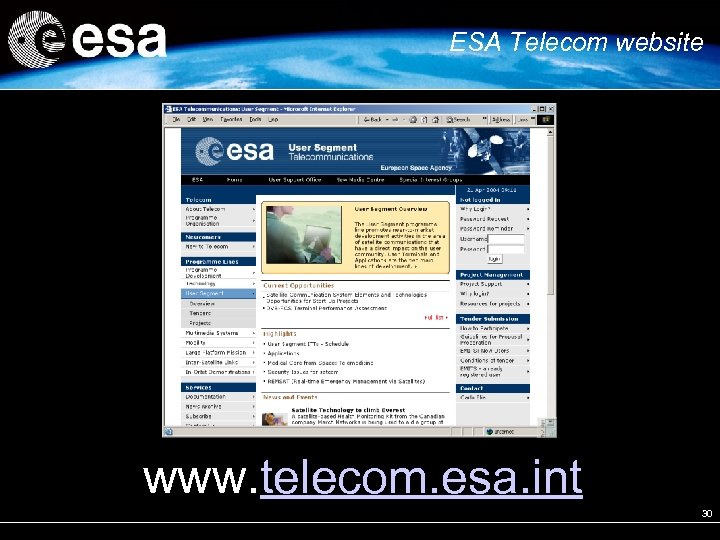 ESA Telecom website www. telecom. esa. int 30 