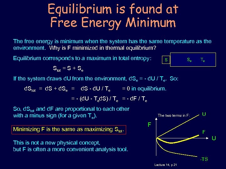 Equilibrium is found at Free Energy Minimum The free energy is minimum when the