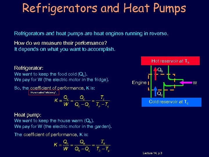 Refrigerators and Heat Pumps Refrigerators and heat pumps are heat engines running in reverse.