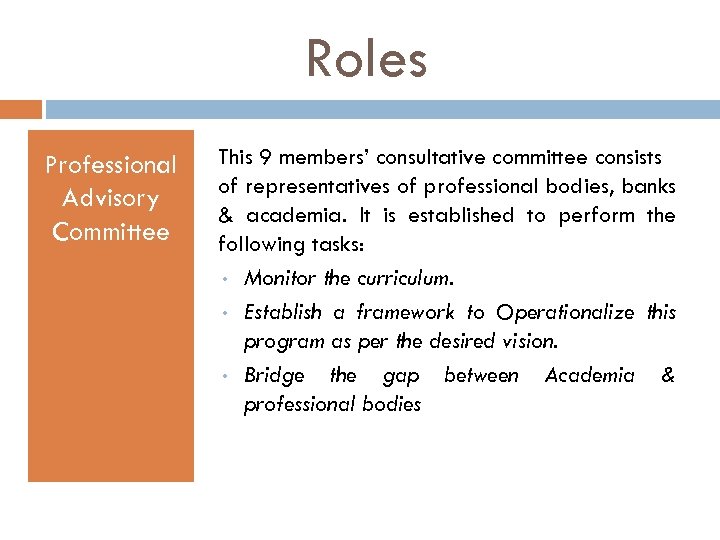Roles Professional Advisory Committee This 9 members’ consultative committee consists of representatives of professional