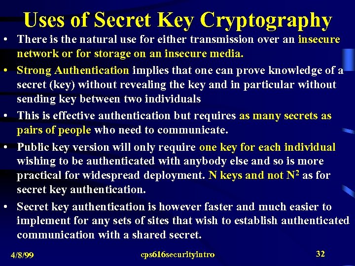 Uses of Secret Key Cryptography • There is the natural use for either transmission