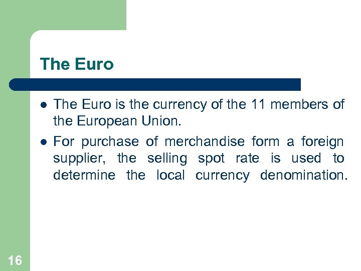 The Euro l l 16 The Euro is the currency of the 11 members