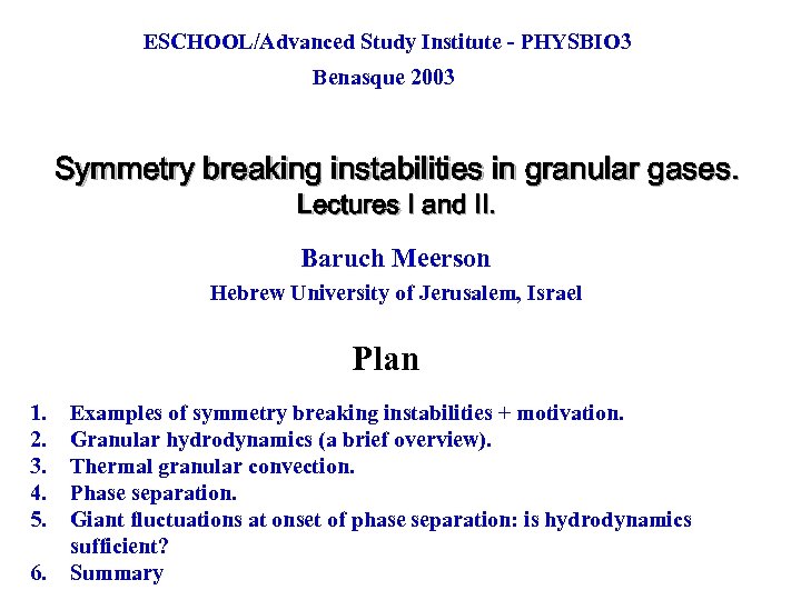 ESCHOOL/Advanced Study Institute - PHYSBIO 3 Benasque 2003 Symmetry breaking instabilities in granular gases.